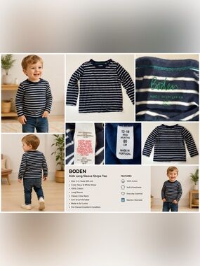Boden Kids Navy White Stripe Long Sleeve Tee Shirt Size 2-3Y 98cm Cotton